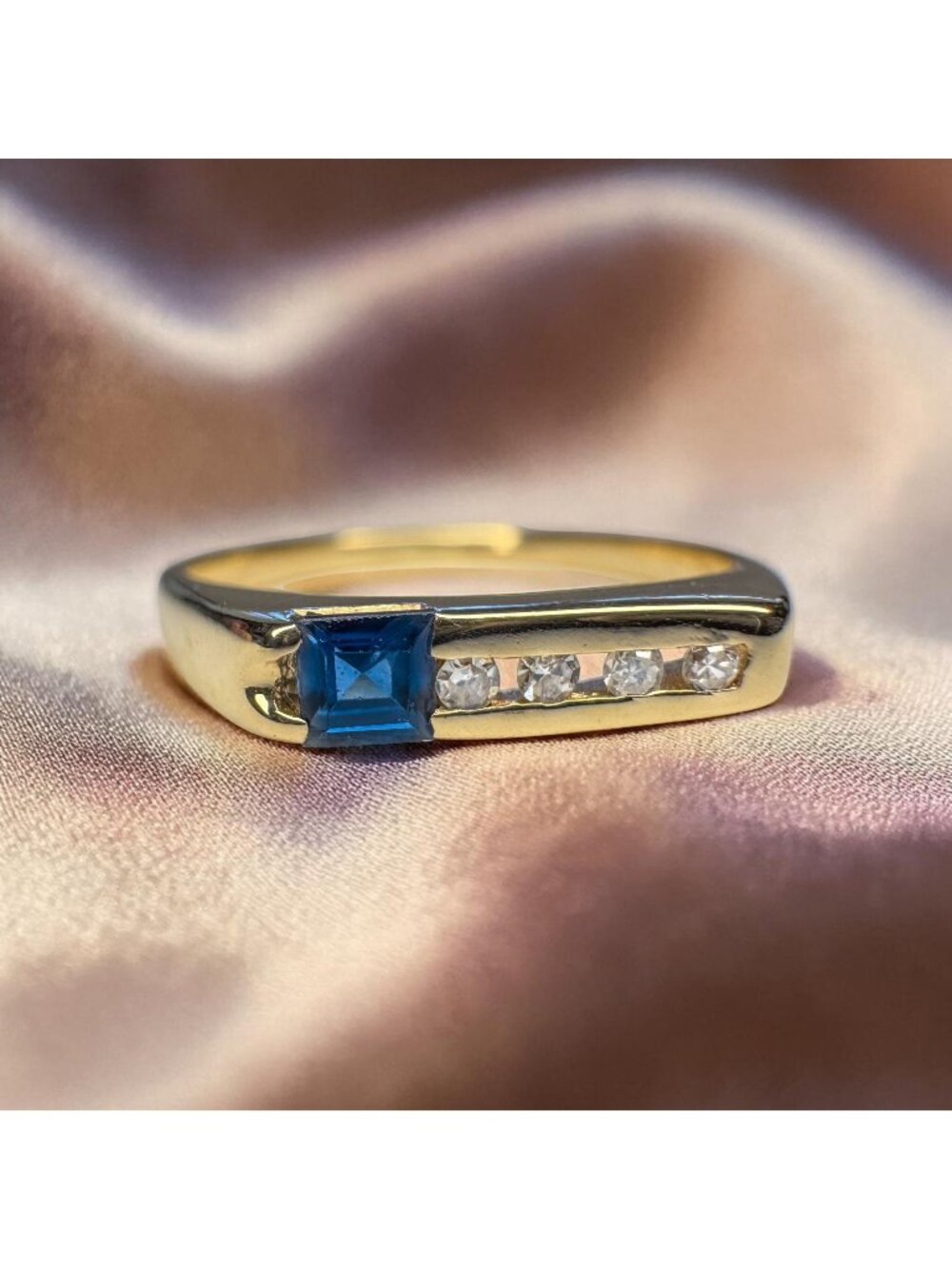 14K Gold Natural Blue Sapphire & Diamond Ring Channel Set Stacking Band Size 6